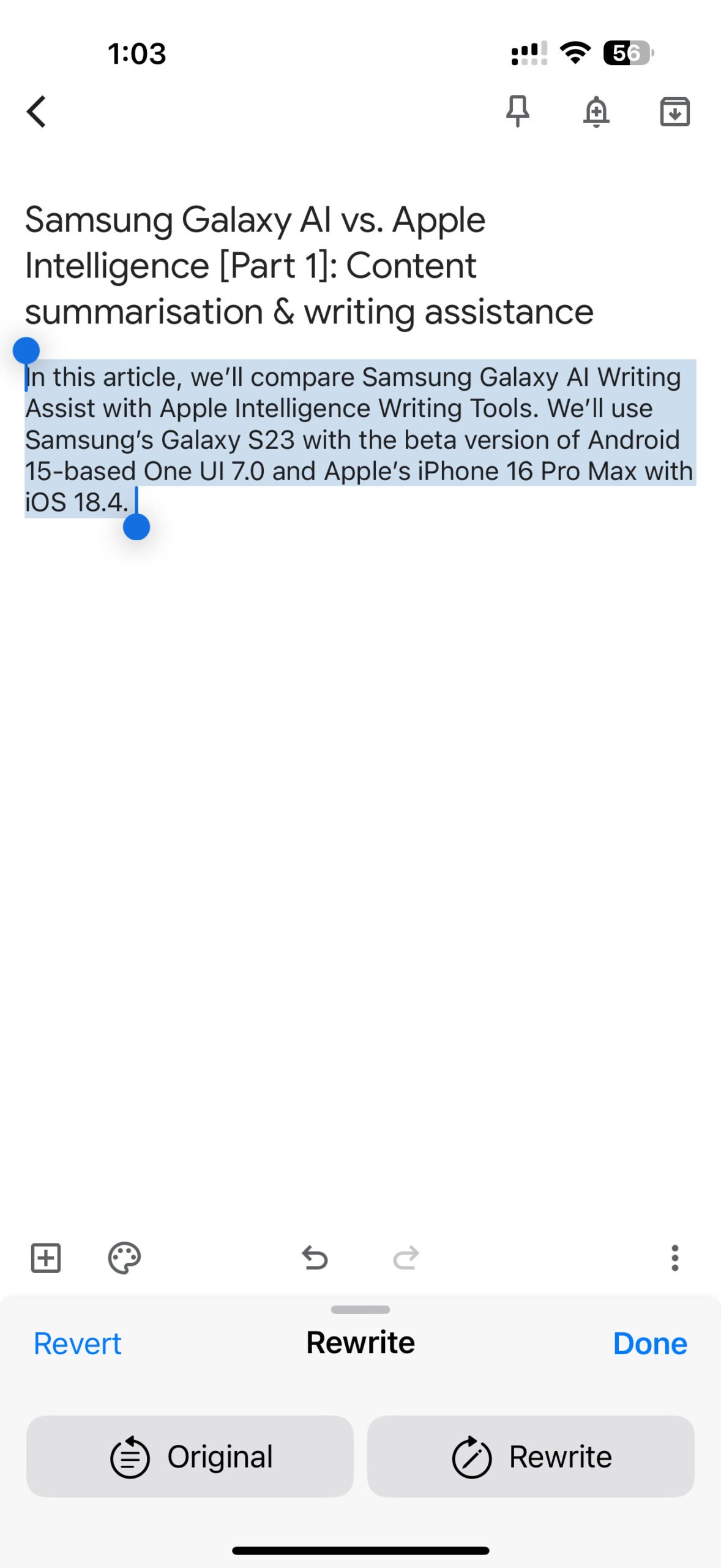 apple iphone 16 pro max apple intelligence writing tools (10) google keep apple intelligence rewrite
