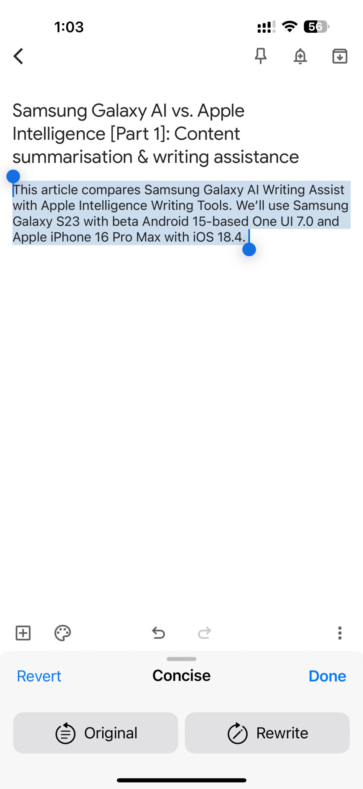 apple iphone 16 pro max apple intelligence writing tools (13) google keep apple intelligence concise