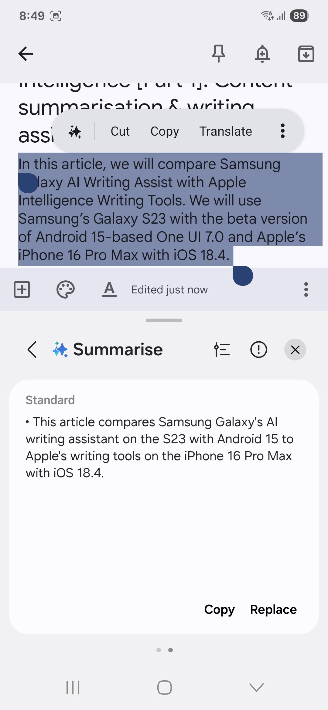 samsung galaxy s23 samsung galaxy ai writing assist (03) content summarisation