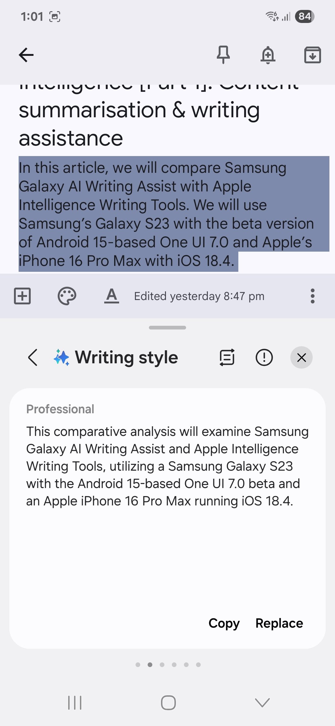 samsung galaxy s23 samsung galaxy ai writing assist (13) google keep galaxy ai writing style professional