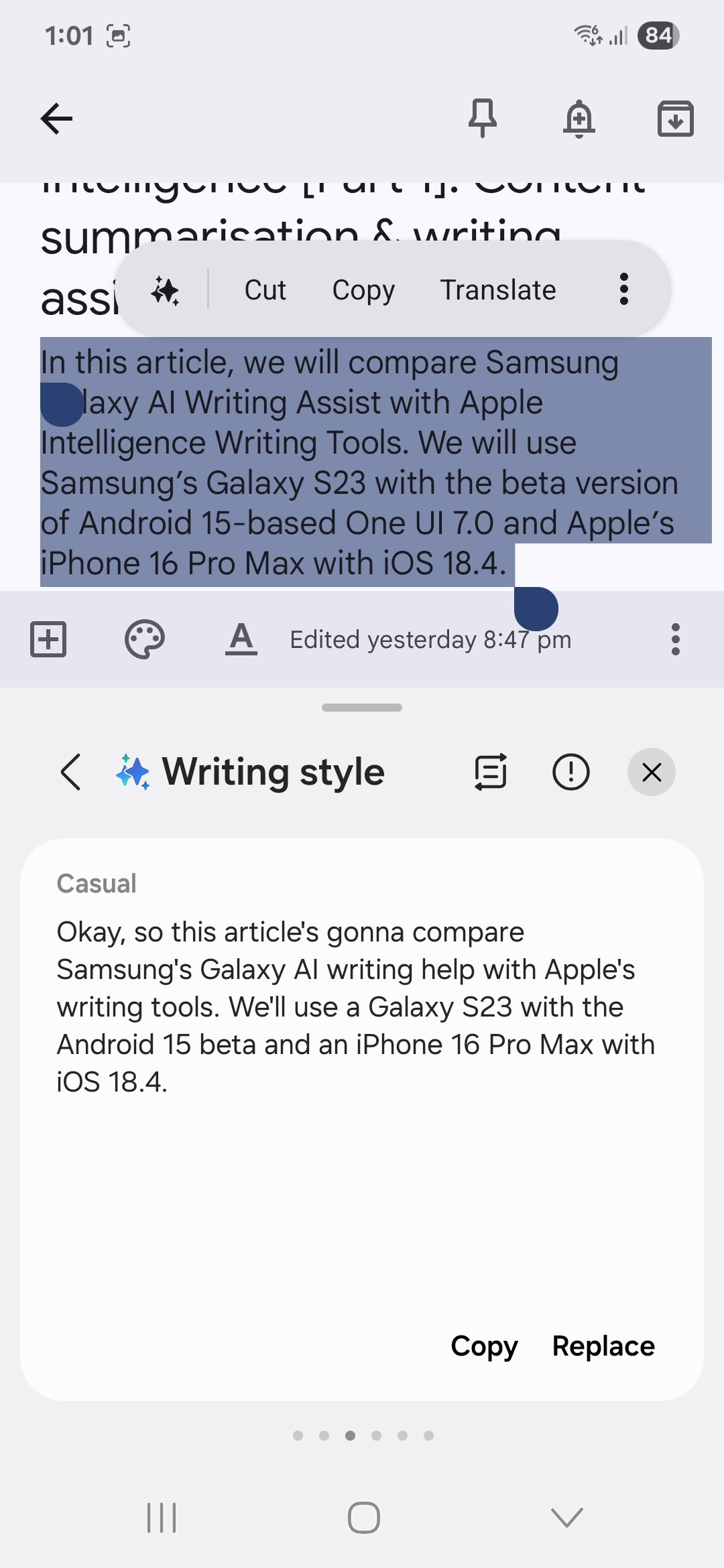 samsung galaxy s23 samsung galaxy ai writing assist (14) google keep galaxy ai writing style casual